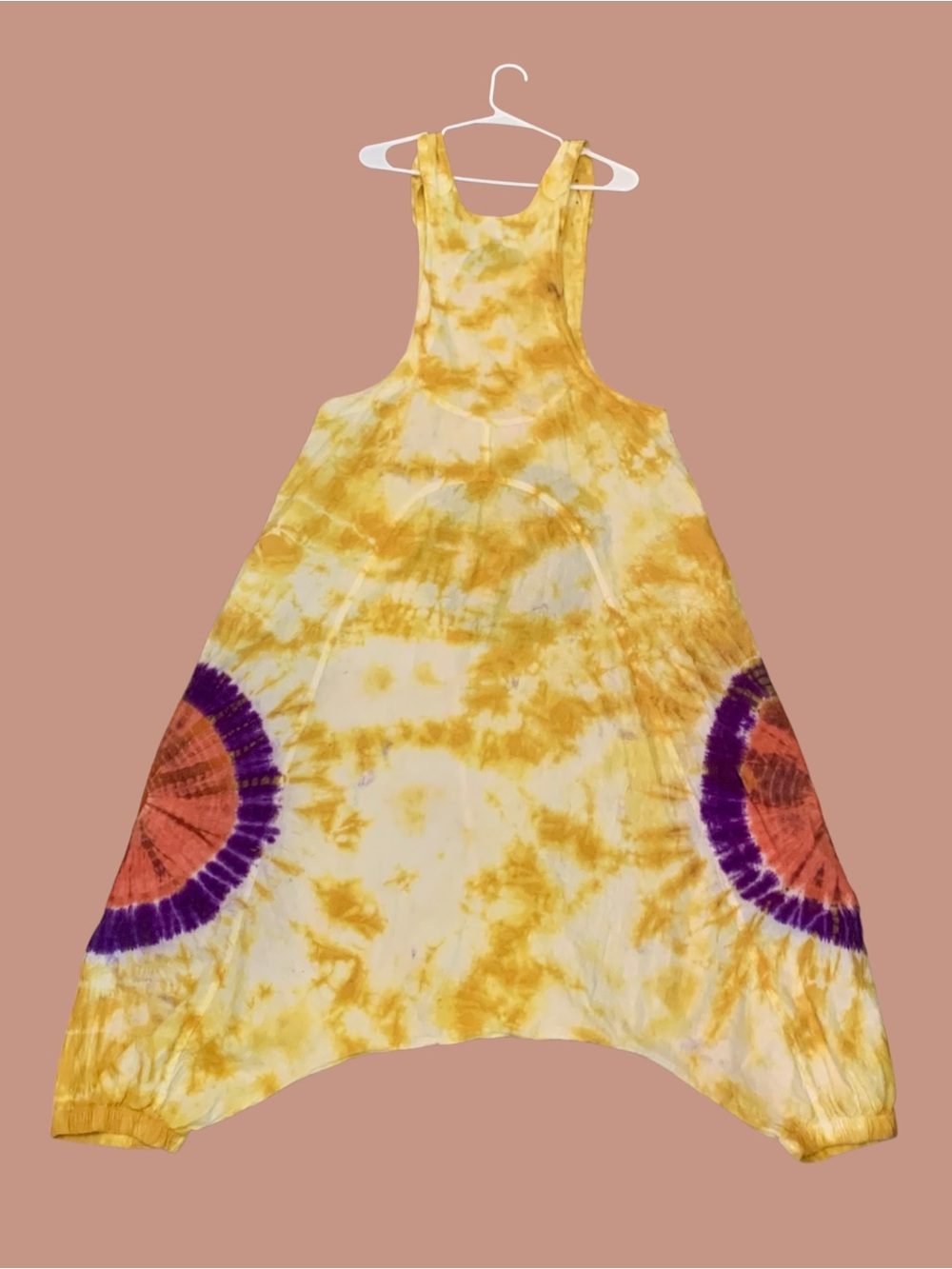 Himalaya handmade Tie-Dye Yellow low Crotch Overalls. Women's Relaxed fit NWOT - Picture 4 of 6